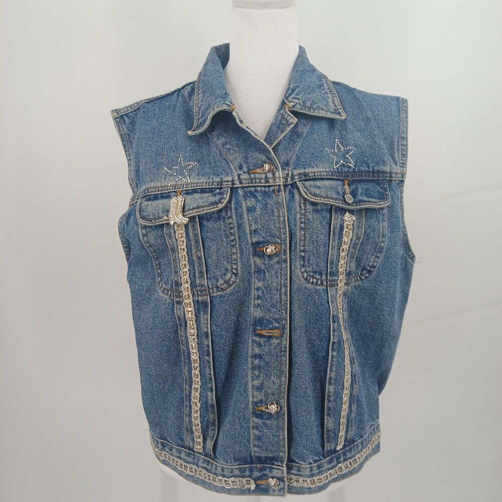 womans vintage size large ps gitano denim and lace vest heart buttons cowgirl